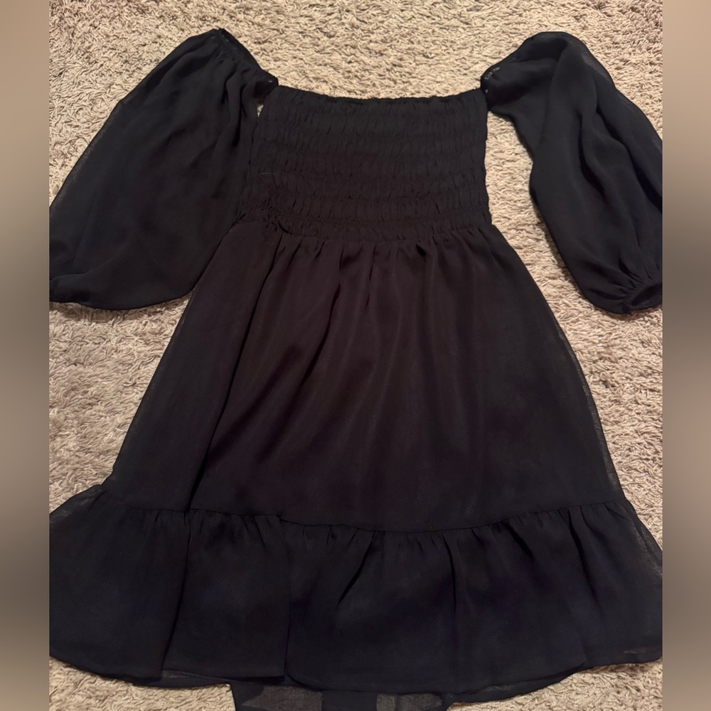 Express Sz Small Black Off or On Chifon Shoulder Mini Dress w/ rouching, ruffles - Picture 9 of 10